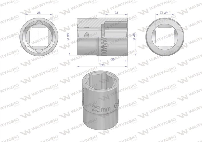 Nasadka sześciokątna 3/4". 28 mm. CrV50BV30. DIN 3124. Waryński