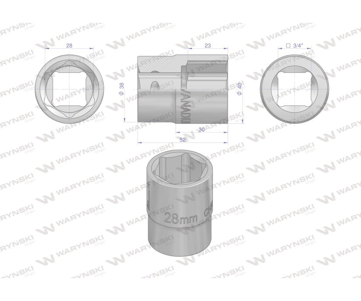 Nasadka sześciokątna 3/4". 28 mm. CrV50BV30. DIN 3124. Waryński