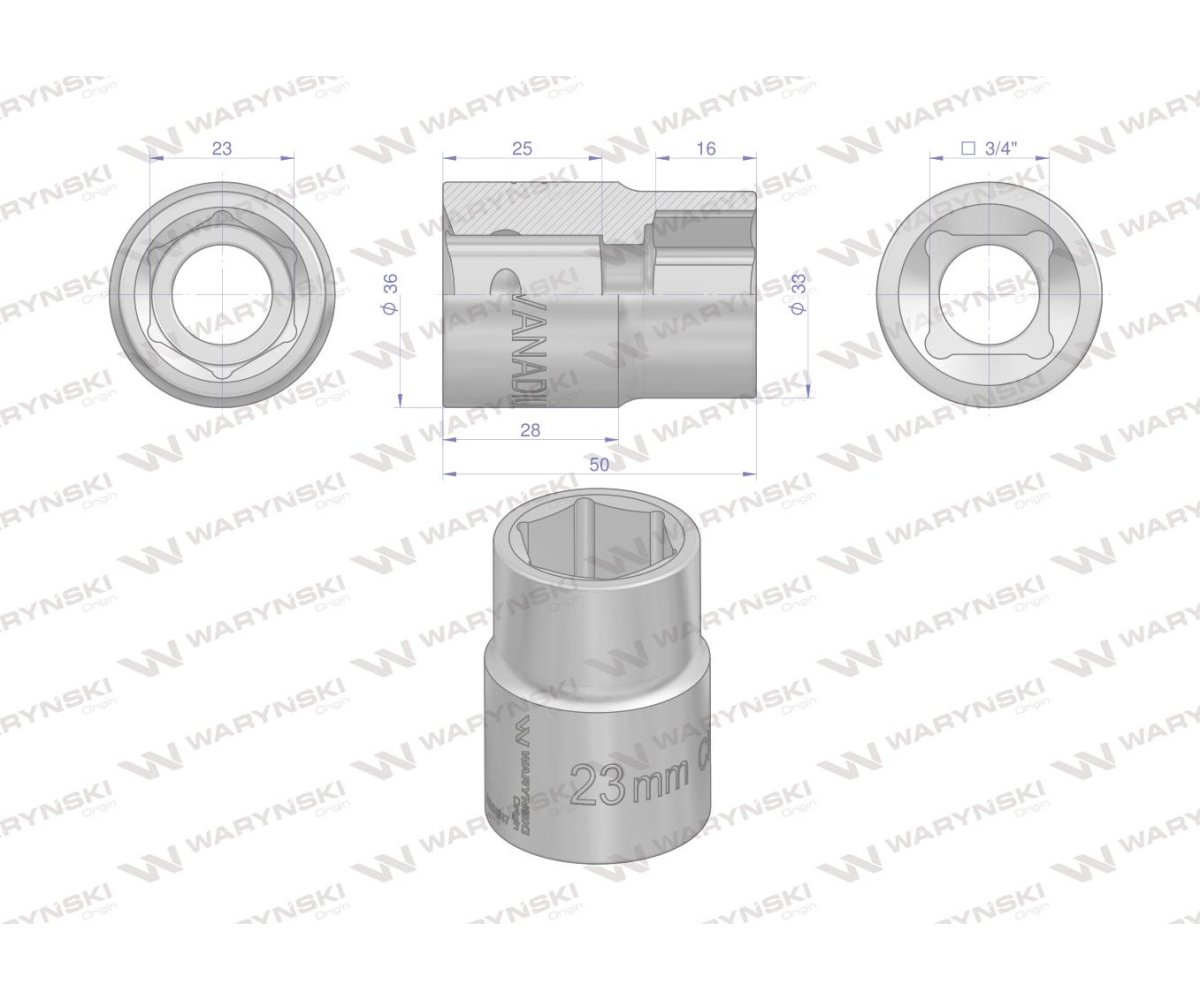 Nasadka sześciokątna 3/4". 23 mm. CrV50BV30. DIN 3124. Waryński