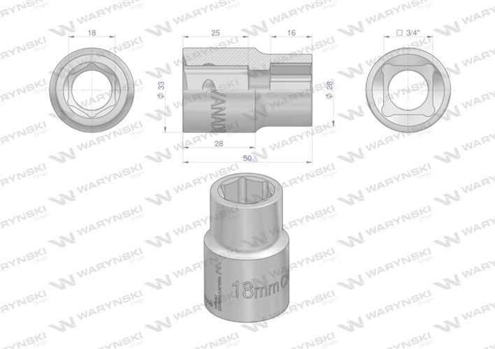 Nasadka sześciokątna 3/4". 18 mm. CrV50BV30. DIN 3124. Waryński