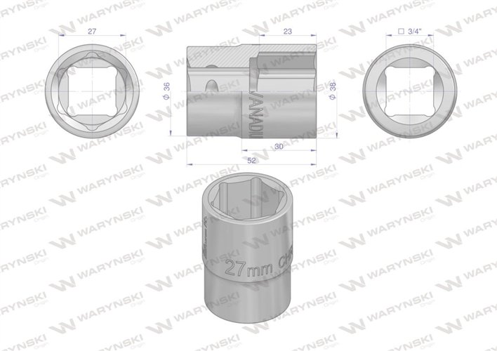 Nasadka sześciokątna 3/4". 27 mm. CrV50BV30. DIN 3124. Waryński