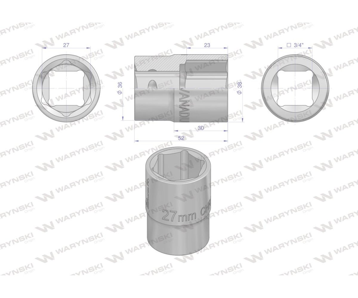 Nasadka sześciokątna 3/4". 27 mm. CrV50BV30. DIN 3124. Waryński