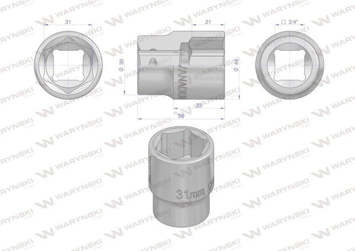 Nasadka sześciokątna 3/4". 31 mm. CrV50BV30. DIN 3124. Waryński