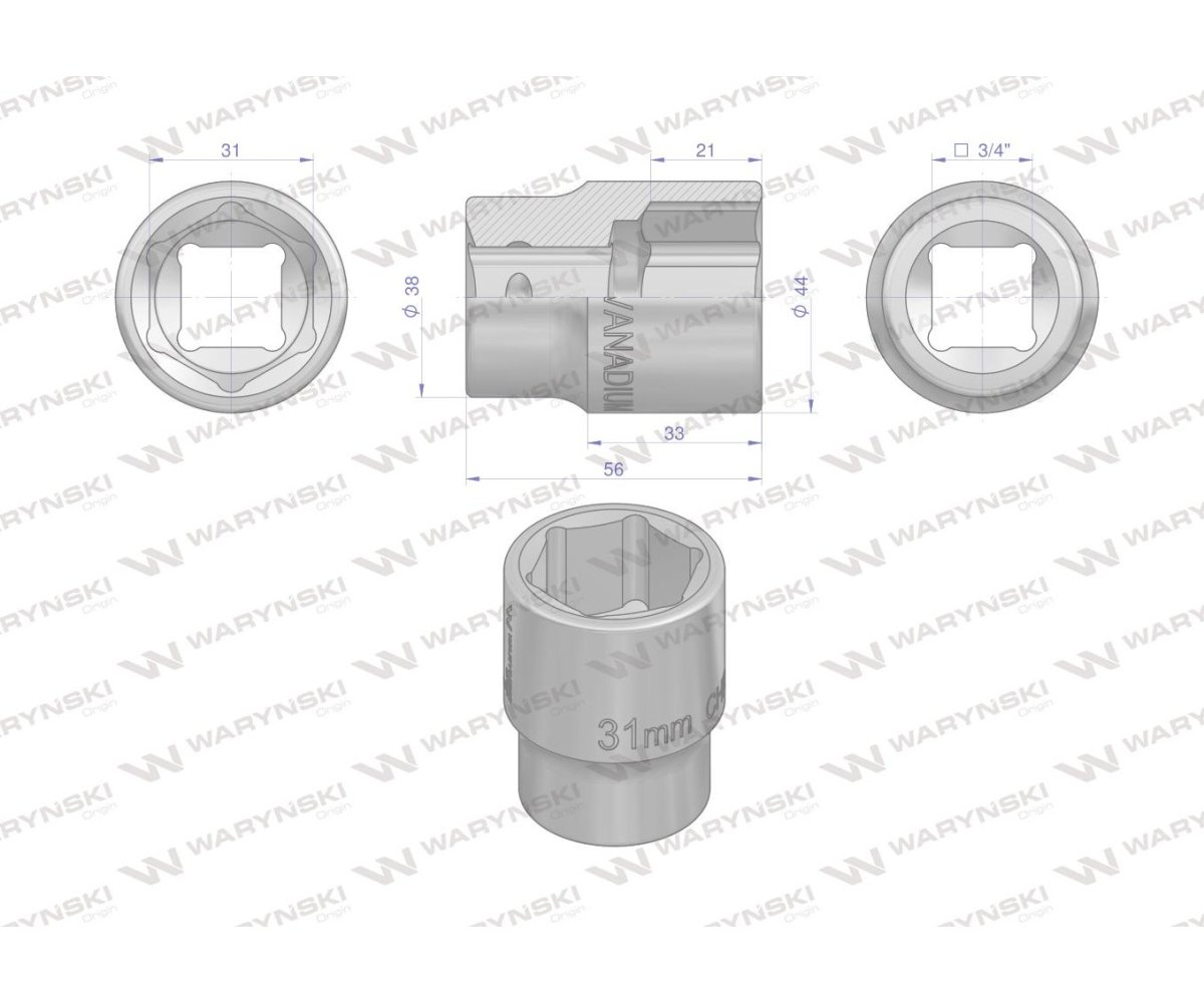 Nasadka sześciokątna 3/4". 31 mm. CrV50BV30. DIN 3124. Waryński