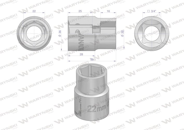Nasadka sześciokątna 3/4". 22 mm. CrV50BV30. DIN 3124. Waryński