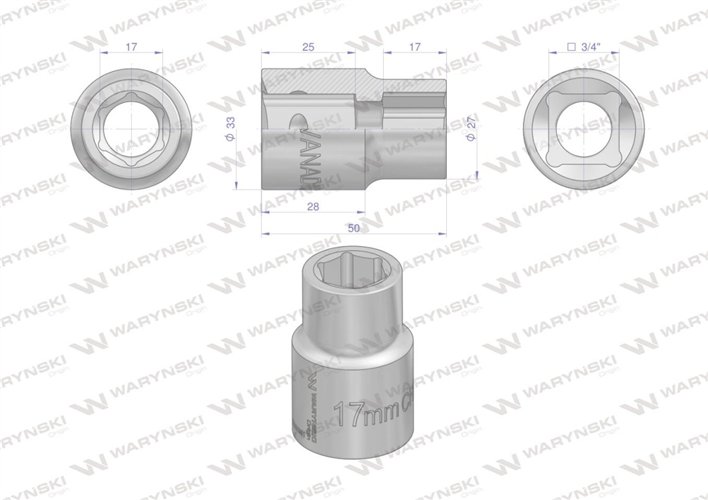 Nasadka sześciokątna 3/4". 17 mm. CrV50BV30. DIN 3124. Waryński