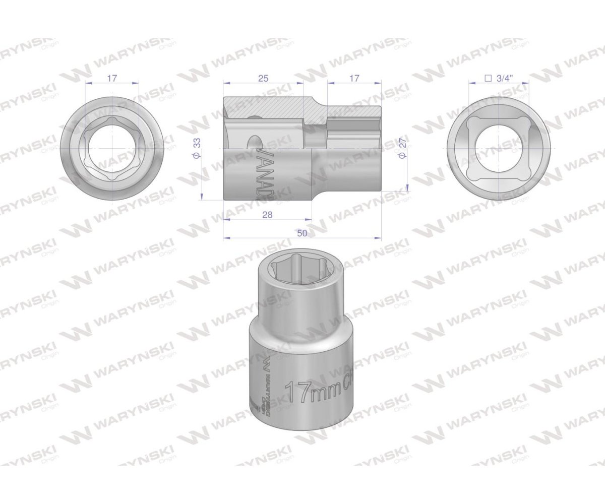 Nasadka sześciokątna 3/4". 17 mm. CrV50BV30. DIN 3124. Waryński