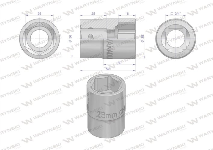 Nasadka sześciokątna 3/4". 26 mm. CrV50BV30. DIN 3124. Waryński