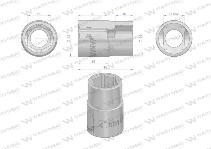 Nasadka sześciokątna 3/4". 21 mm. CrV50BV30. DIN 3124. Waryński
