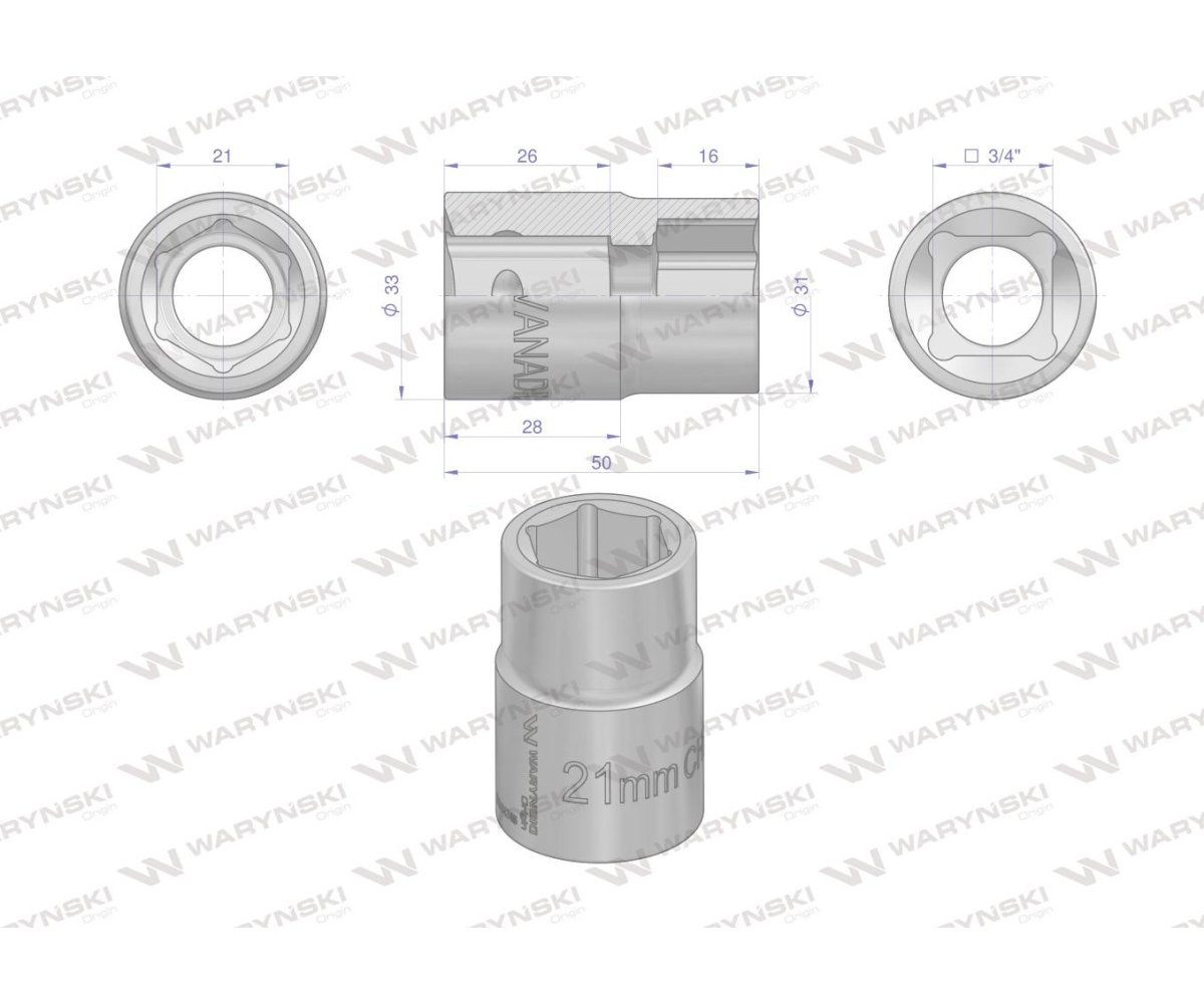 Nasadka sześciokątna 3/4". 21 mm. CrV50BV30. DIN 3124. Waryński