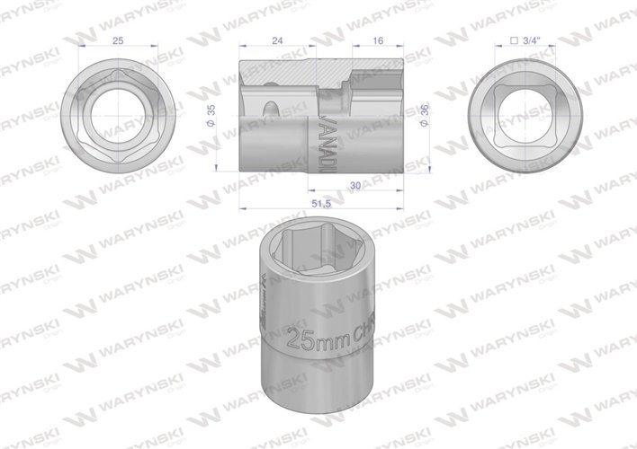 Nasadka sześciokątna 3/4". 25 mm. CrV50BV30. DIN 3124. Waryński