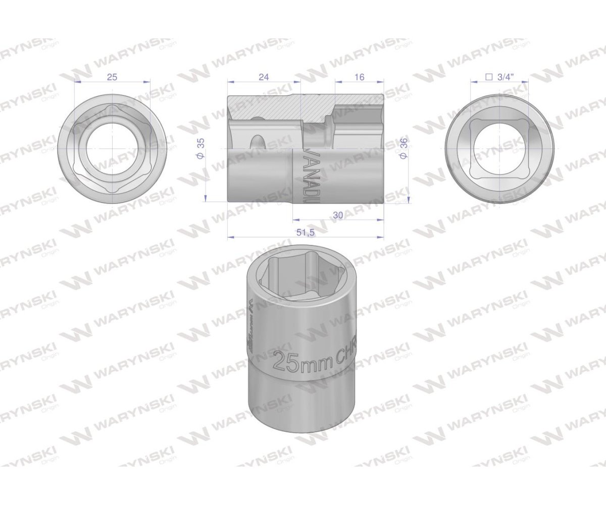 Nasadka sześciokątna 3/4". 25 mm. CrV50BV30. DIN 3124. Waryński