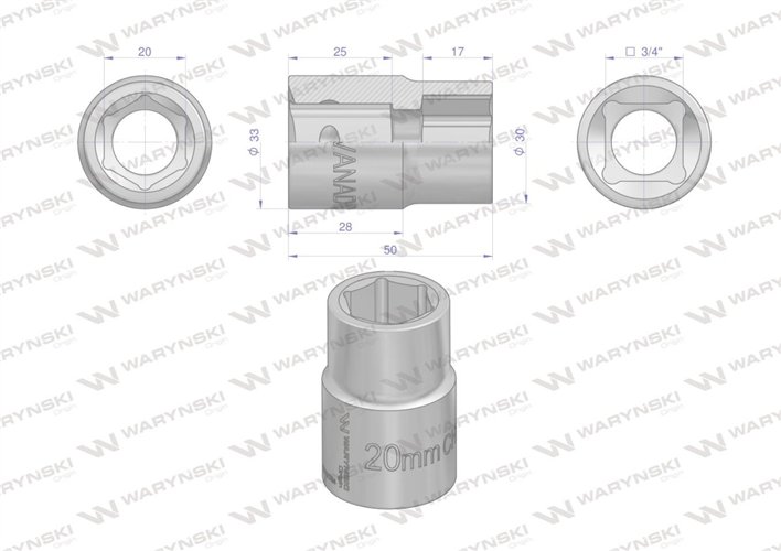 Nasadka sześciokątna 3/4". 20 mm. CrV50BV30. DIN 3124. Waryński