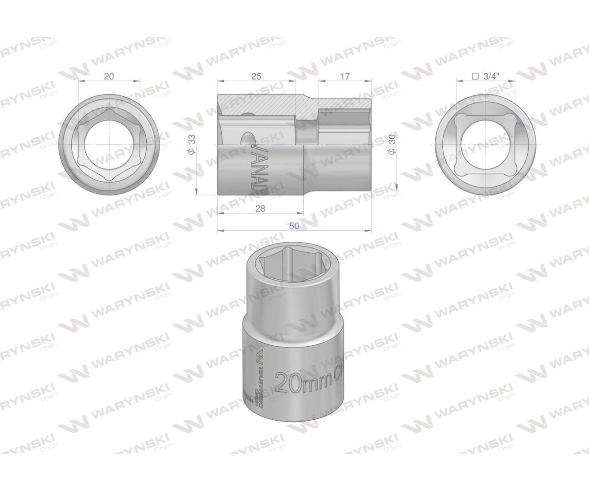 Nasadka sześciokątna 3/4". 20 mm. CrV50BV30. DIN 3124. Waryński
