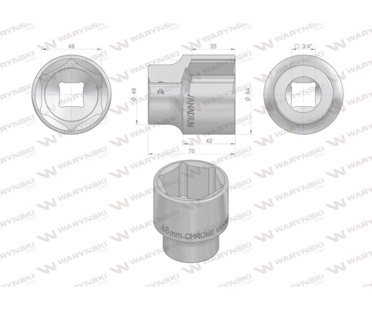 Nasadka sześciokątna 3/4". 48 mm. CrV50BV30. DIN 3124. Waryński
