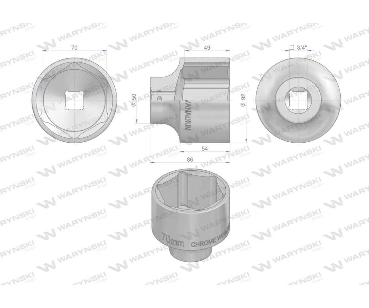 Nasadka sześciokątna 3/4". 70 mm. CrV50BV30. DIN 3124. Waryński