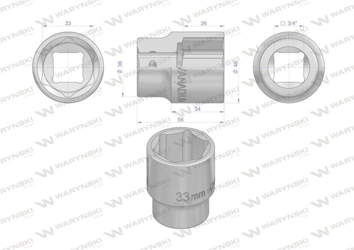 Nasadka sześciokątna 3/4". 33 mm. CrV50BV30. DIN 3124. Waryński