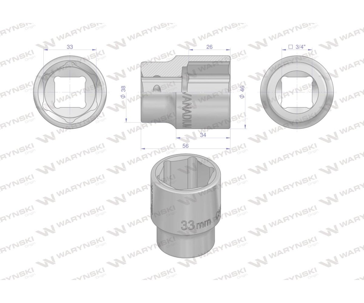 Nasadka sześciokątna 3/4". 33 mm. CrV50BV30. DIN 3124. Waryński