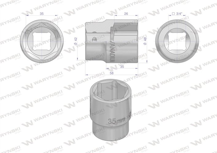 Nasadka sześciokątna 3/4". 35 mm. CrV50BV30. DIN 3124. Waryński