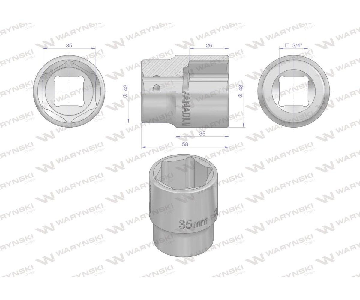 Nasadka sześciokątna 3/4". 35 mm. CrV50BV30. DIN 3124. Waryński