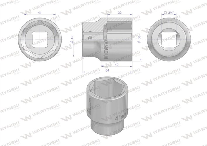 Nasadka sześciokątna 3/4". 41 mm. CrV50BV30. DIN 3124. Waryński
