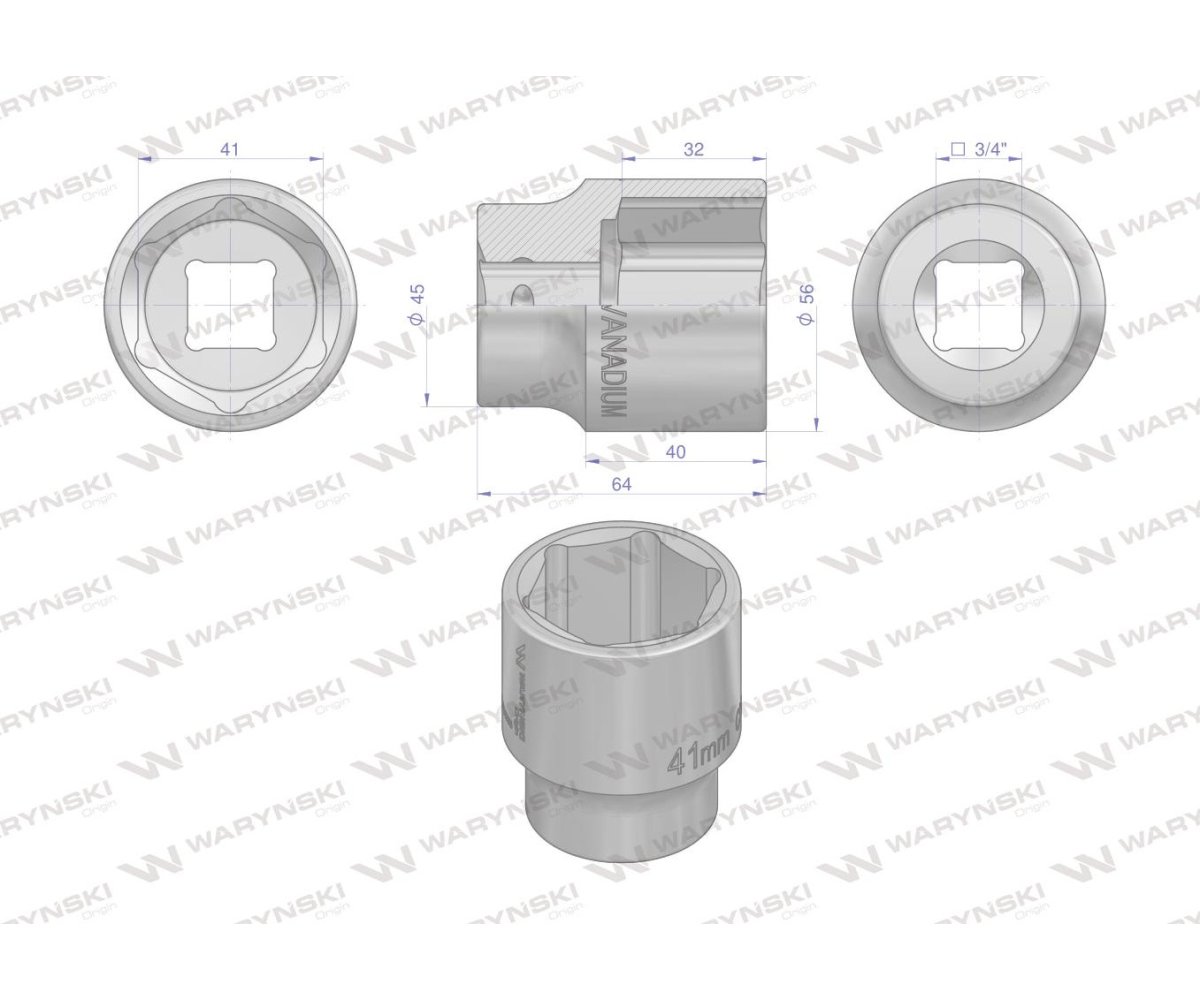 Nasadka sześciokątna 3/4". 41 mm. CrV50BV30. DIN 3124. Waryński