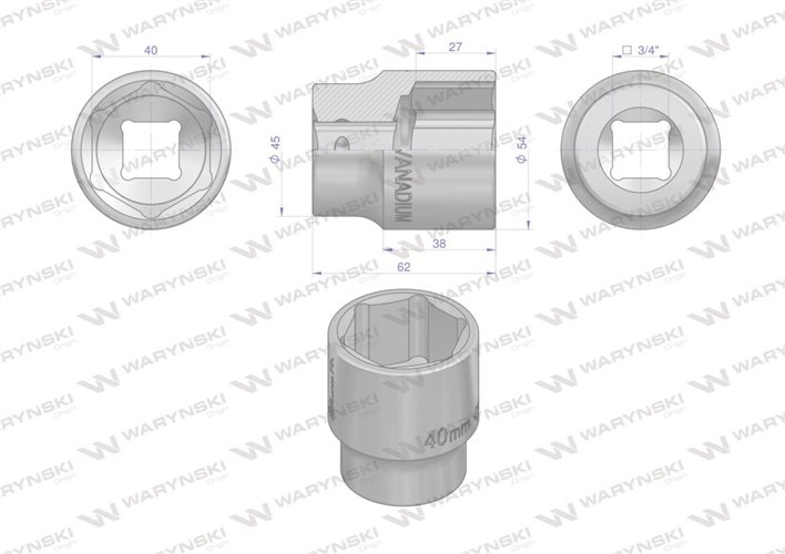 Nasadka sześciokątna 3/4". 40 mm. CrV50BV30. DIN 3124. Waryński