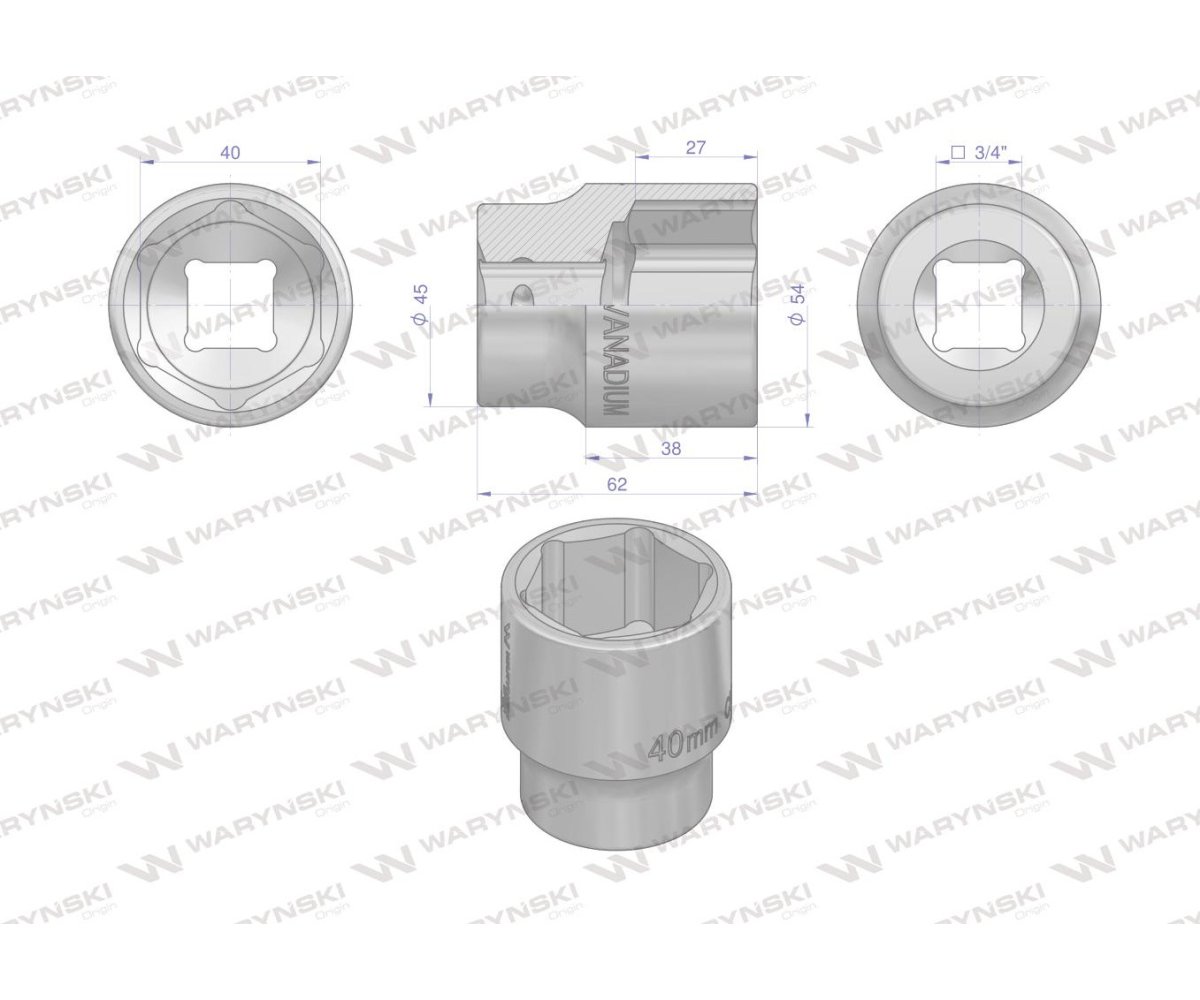 Nasadka sześciokątna 3/4". 40 mm. CrV50BV30. DIN 3124. Waryński