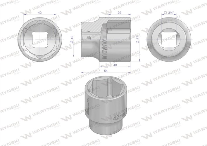 Nasadka sześciokątna 3/4". 42 mm. CrV50BV30. DIN 3124. Waryński