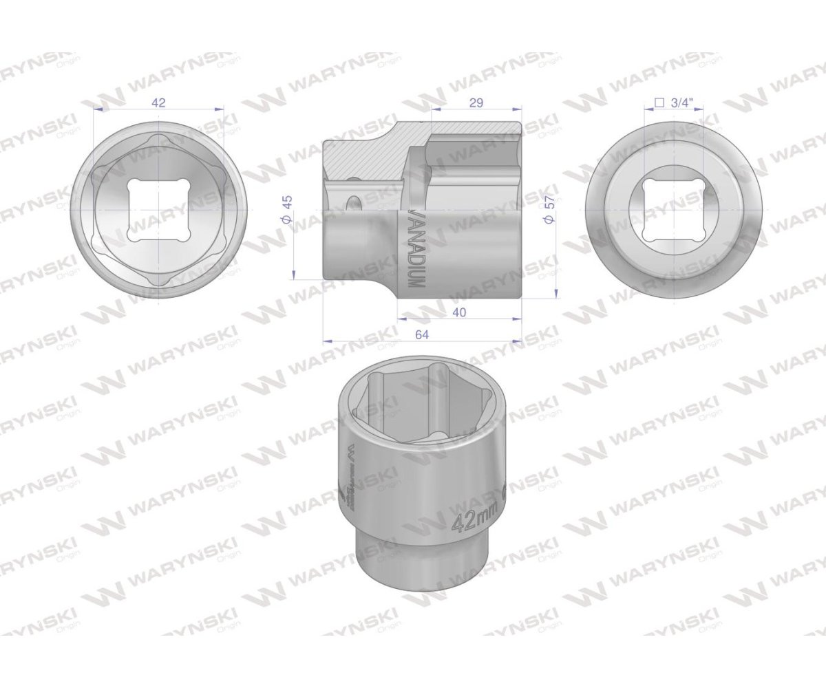 Nasadka sześciokątna 3/4". 42 mm. CrV50BV30. DIN 3124. Waryński