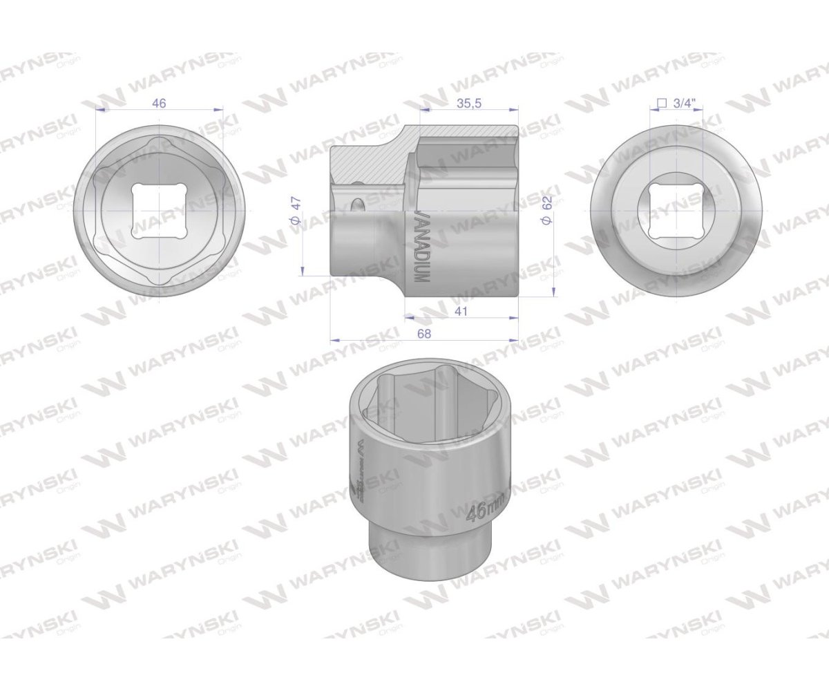 Nasadka sześciokątna 3/4". 46 mm. CrV50BV30. DIN 3124. Waryński