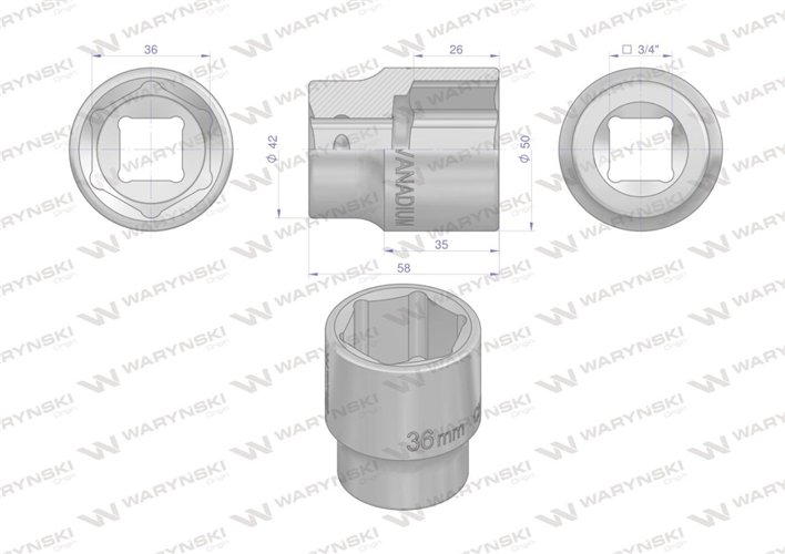 Nasadka sześciokątna 3/4". 36 mm. CrV50BV30. DIN 3124. Waryński