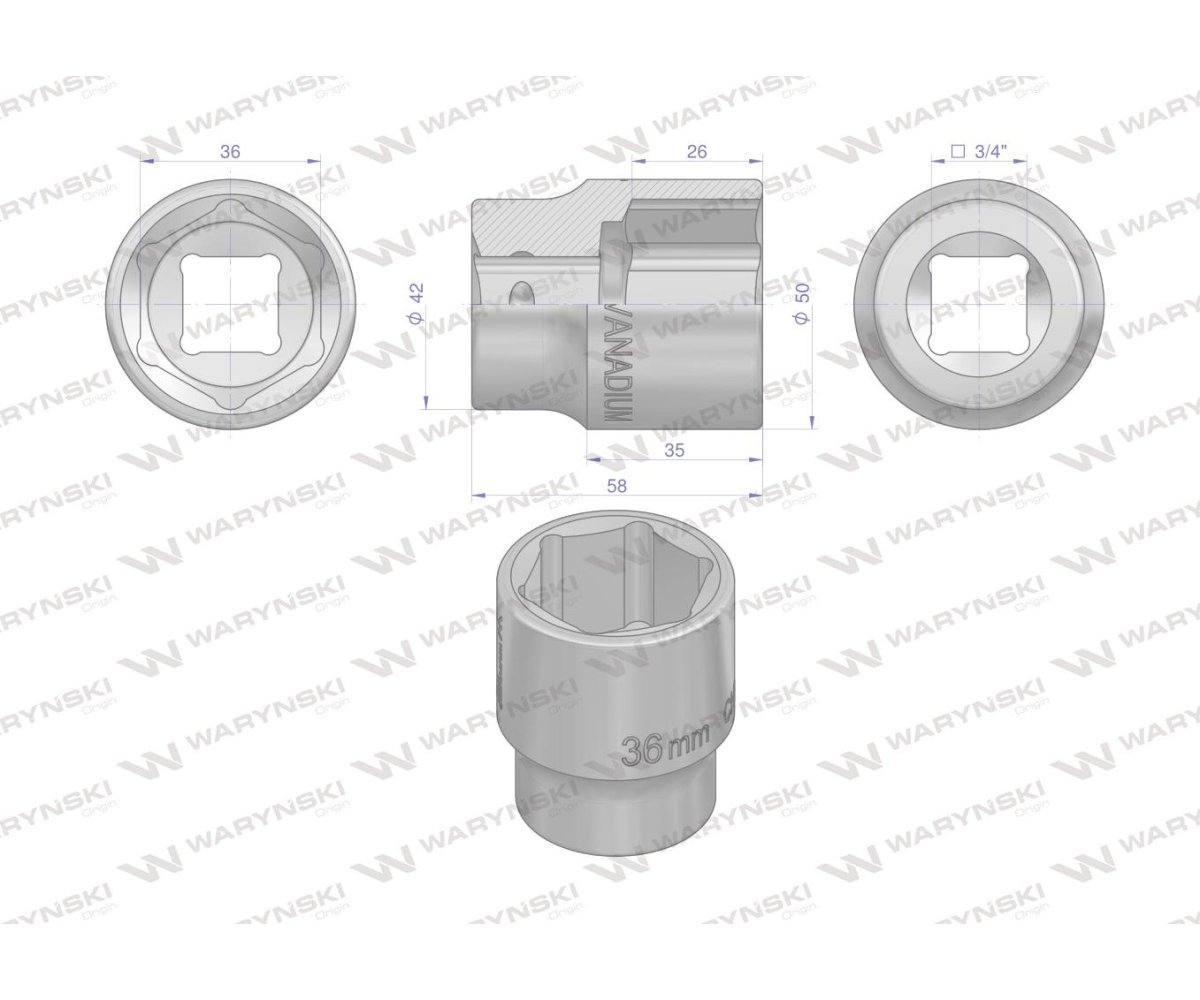 Nasadka sześciokątna 3/4". 36 mm. CrV50BV30. DIN 3124. Waryński