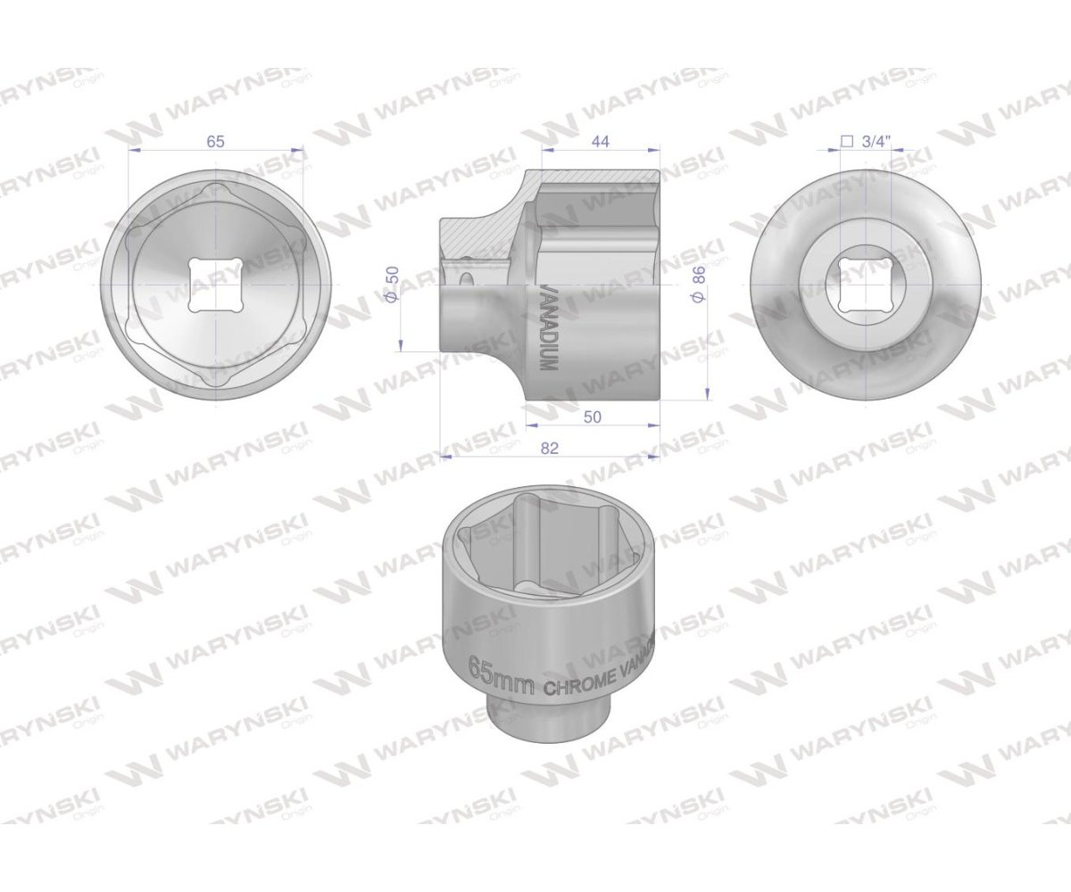 Nasadka sześciokątna 3/4". 65 mm. CrV50BV30. DIN 3124. Waryński