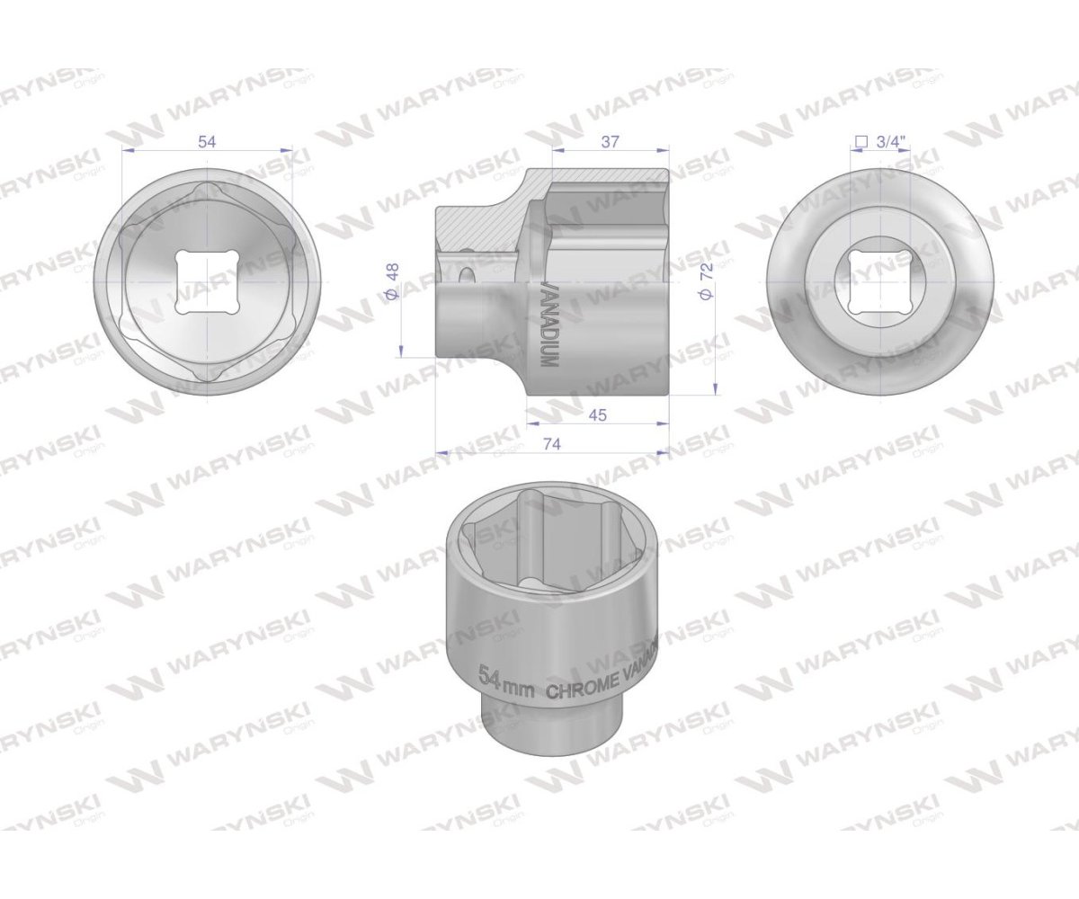 Nasadka sześciokątna 3/4". 54 mm. CrV50BV30. DIN 3124. Waryński