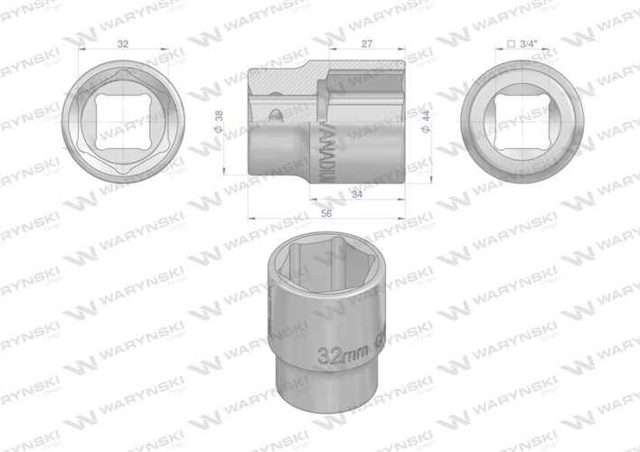 Nasadka sześciokątna 3/4". 32 mm. CrV50BV30. DIN 3124. Waryński