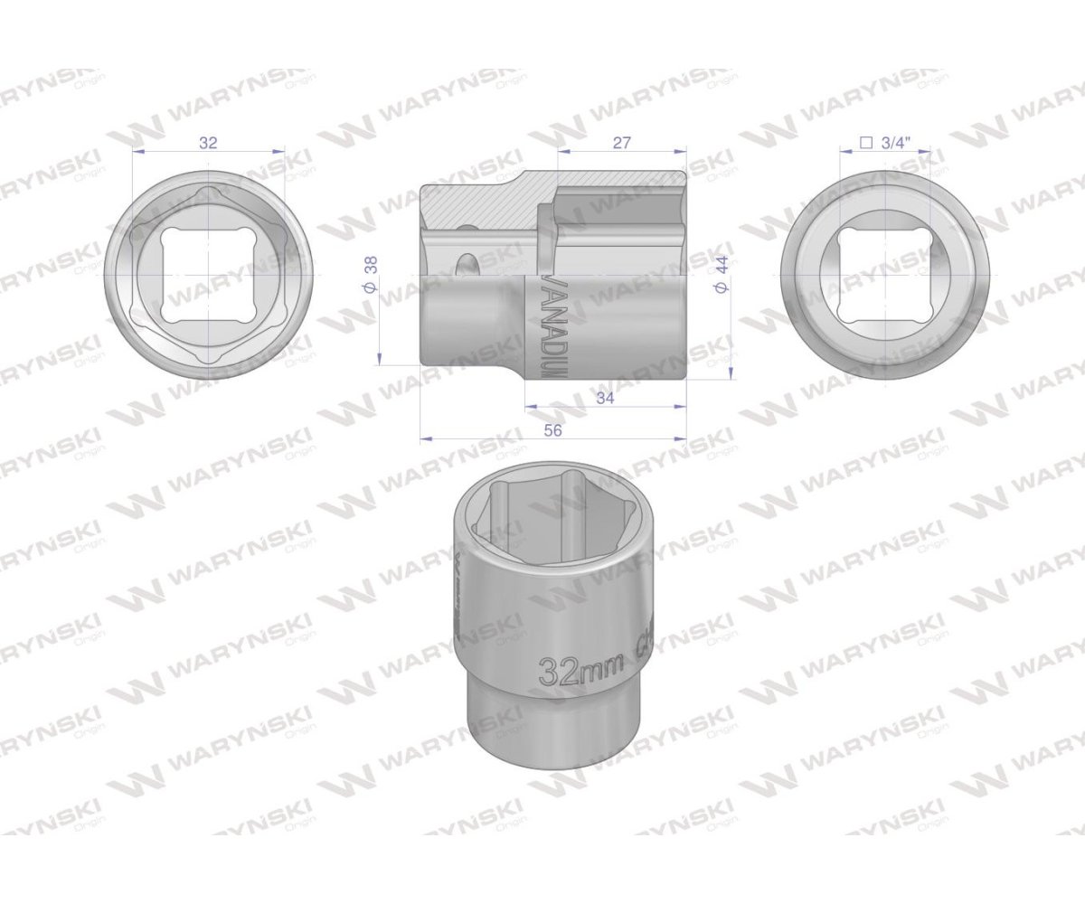 Nasadka sześciokątna 3/4". 32 mm. CrV50BV30. DIN 3124. Waryński