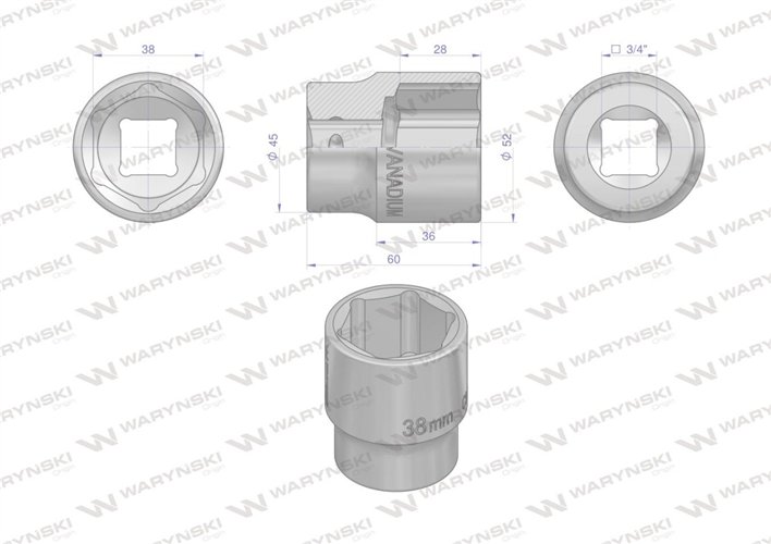 Nasadka sześciokątna 3/4". 38 mm. CrV50BV30. DIN 3124. Waryński