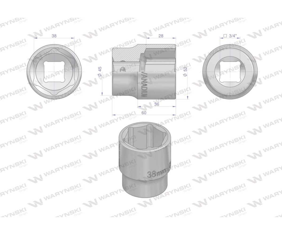Nasadka sześciokątna 3/4". 38 mm. CrV50BV30. DIN 3124. Waryński
