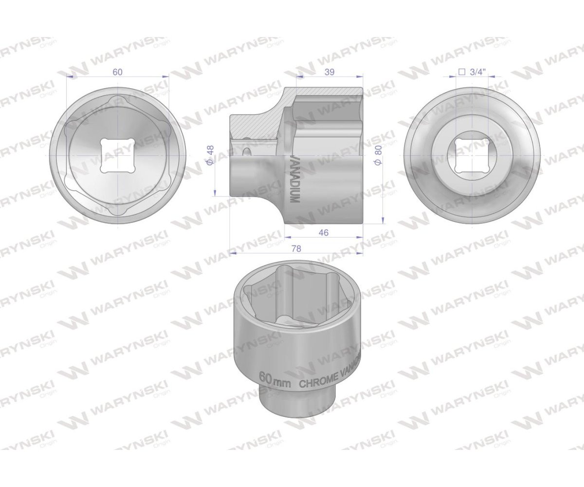 Nasadka sześciokątna 3/4". 60 mm. CrV50BV30. DIN 3124. Waryński