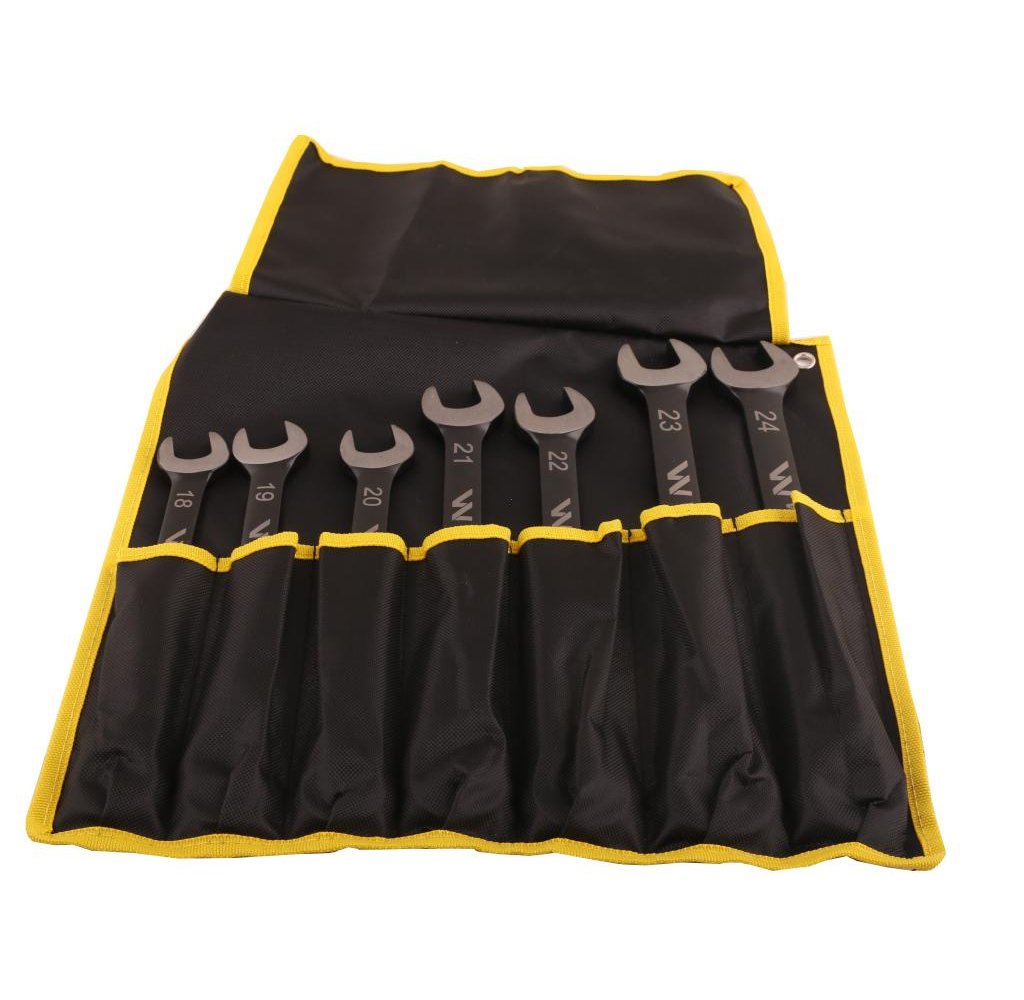 Zestaw kluczy płaskooczkowych z grzechotką w pokrowcu 7 szt rozmiary 18-24 w standardzie ASME B107-2010 Waryński