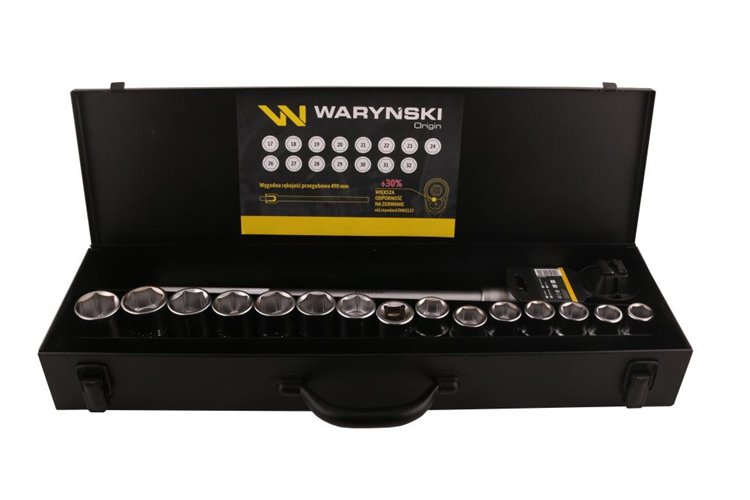 Zestaw nasadek 3/4 z odporną grzechotką i rękojeścią przegubową 17 el Waryński