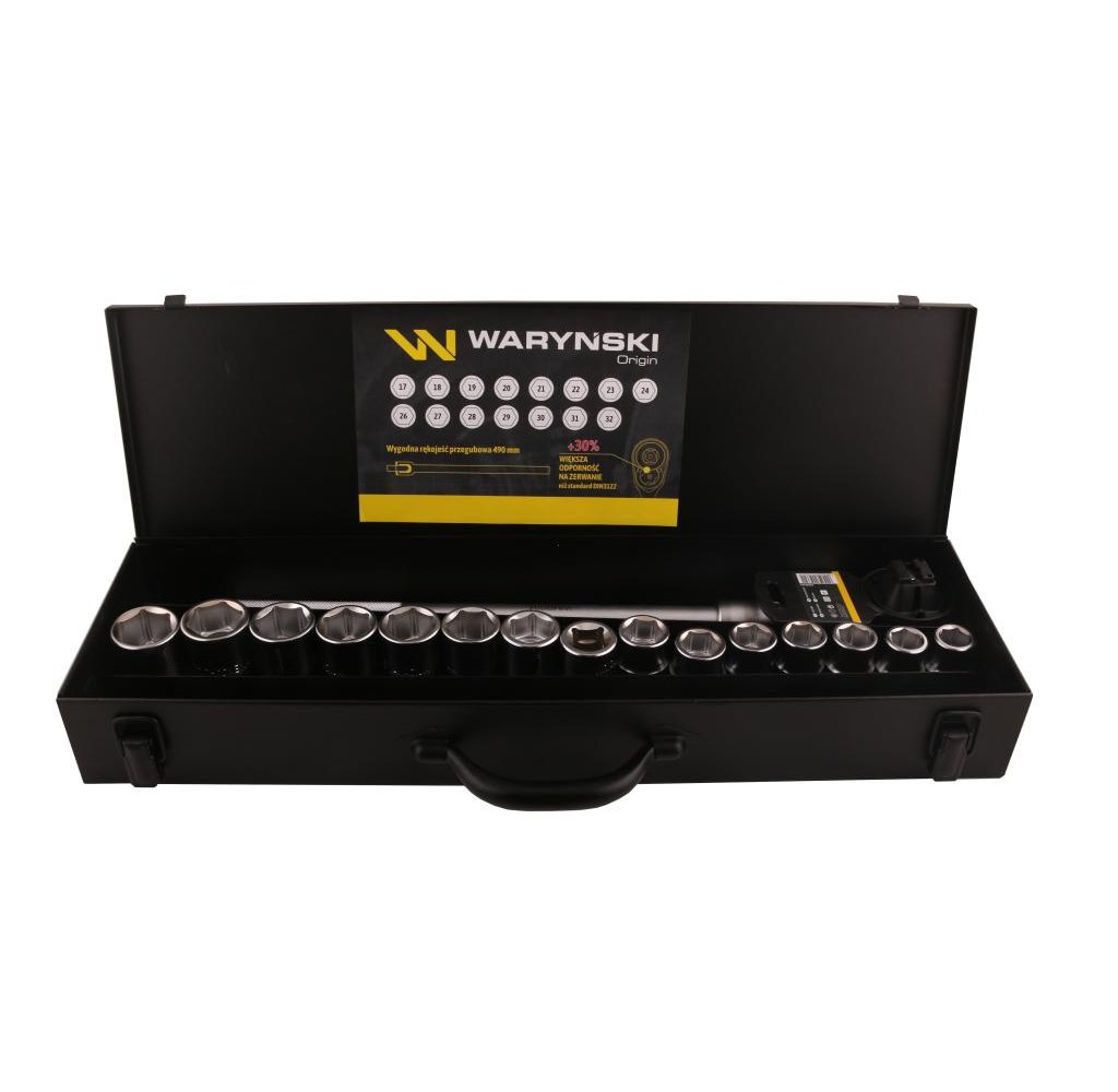 Zestaw nasadek 3/4 z odporną grzechotką i rękojeścią przegubową 17 el Waryński