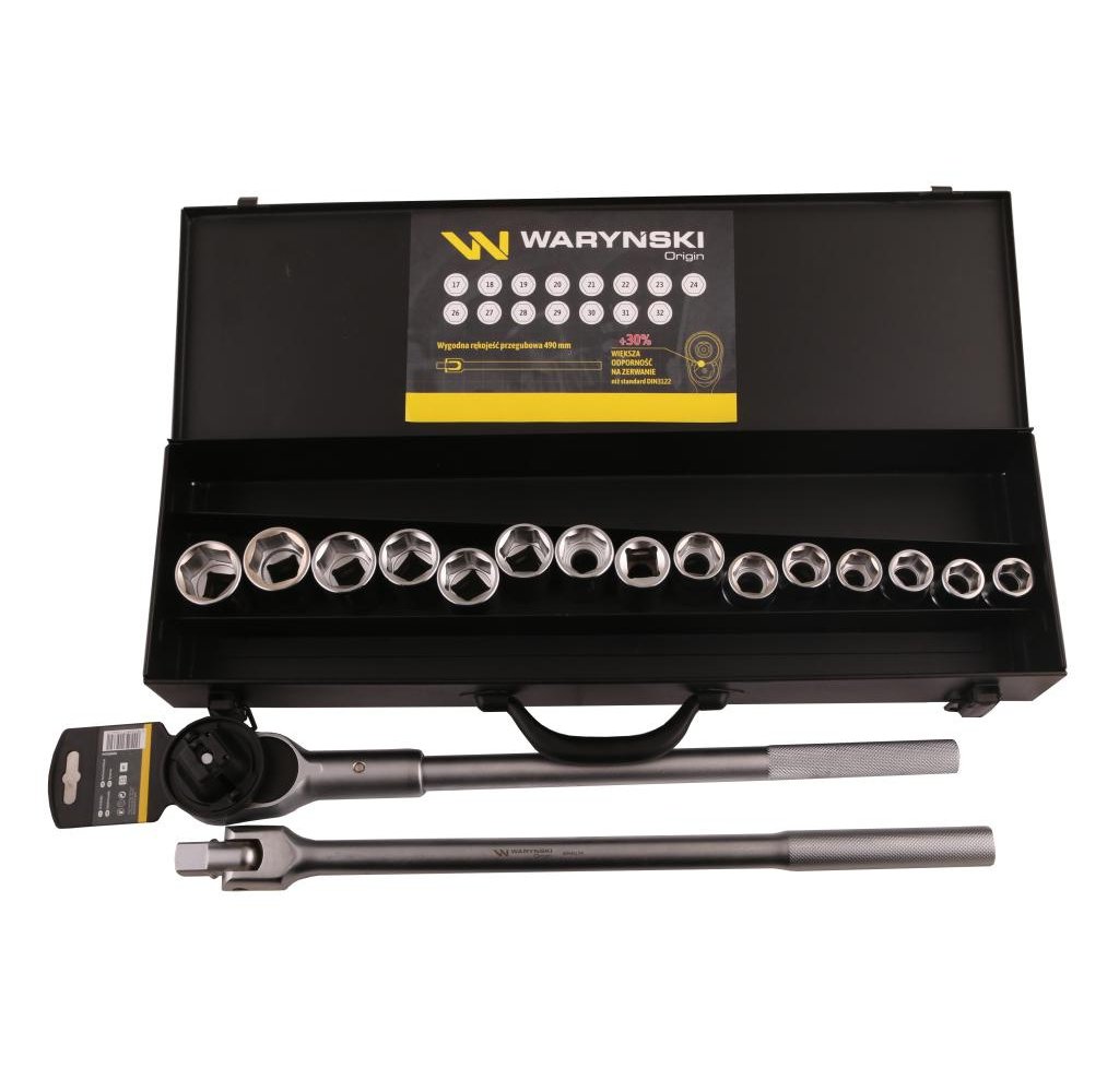 Zestaw nasadek 3/4 z odporną grzechotką i rękojeścią przegubową 17 el Waryński