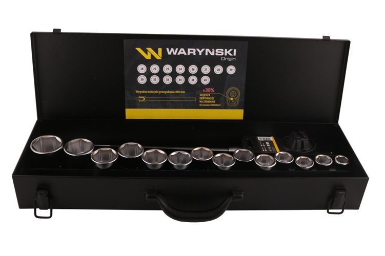 Zestaw nasadek 3/4 z odporną grzechotką i rękojeścią przegubową 16 el. Waryński