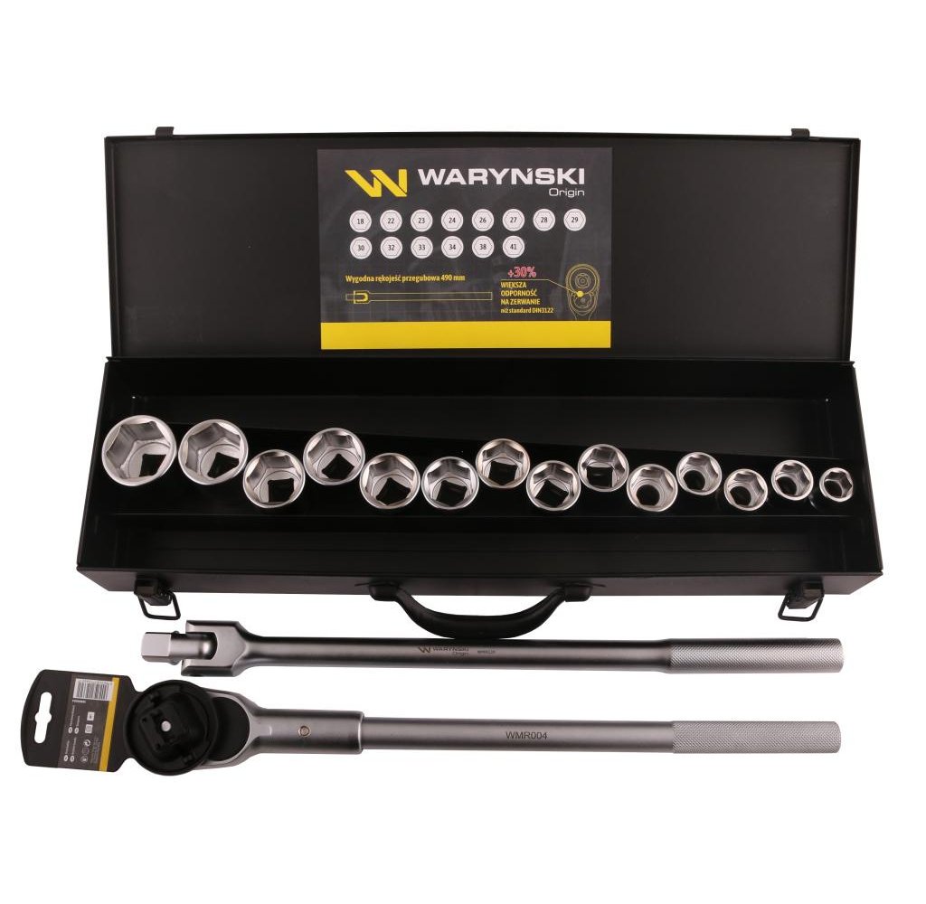 Zestaw nasadek 3/4 z odporną grzechotką i rękojeścią przegubową 16 el. Waryński