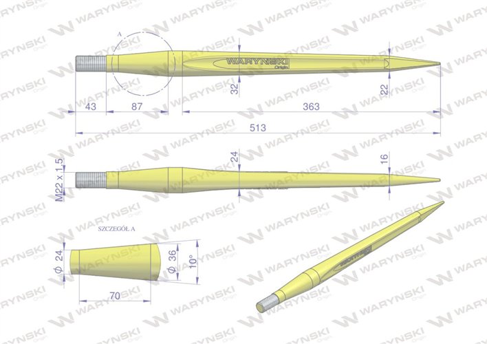 Ząb ładowacza uniwersalny prosty L- 510 mm Tur WARYŃSKI
