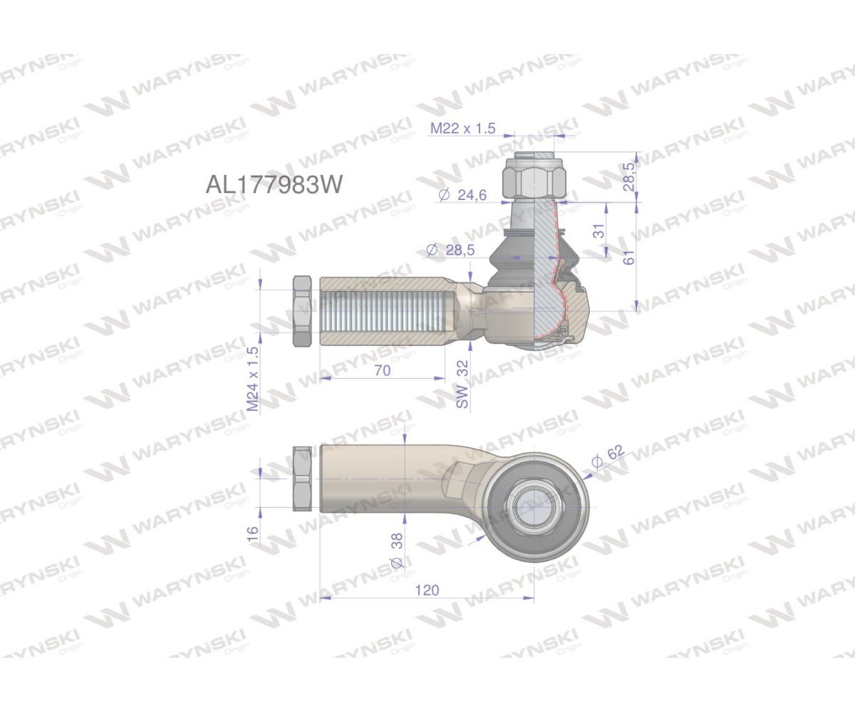 Przegub kierowniczy lewy 120mm - M24x1,5 AL177983 WARYŃSKI