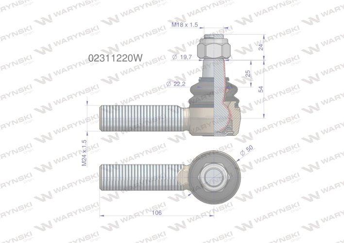 Przegub kierowniczy 106mm - M24x1,5 02311220 WARYŃSKI
