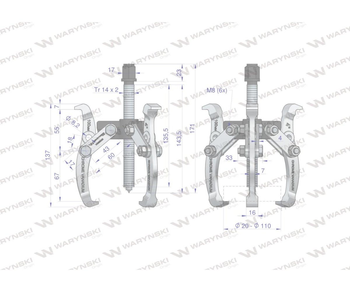 Ściągacz do łożysk trójramienny typ S 20 -110 Waryński